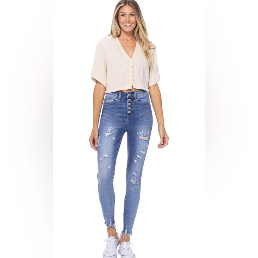 Judy Blue Women's Hi-Rise Skinny Destroyed Button-Fly Jeans Size 29‎